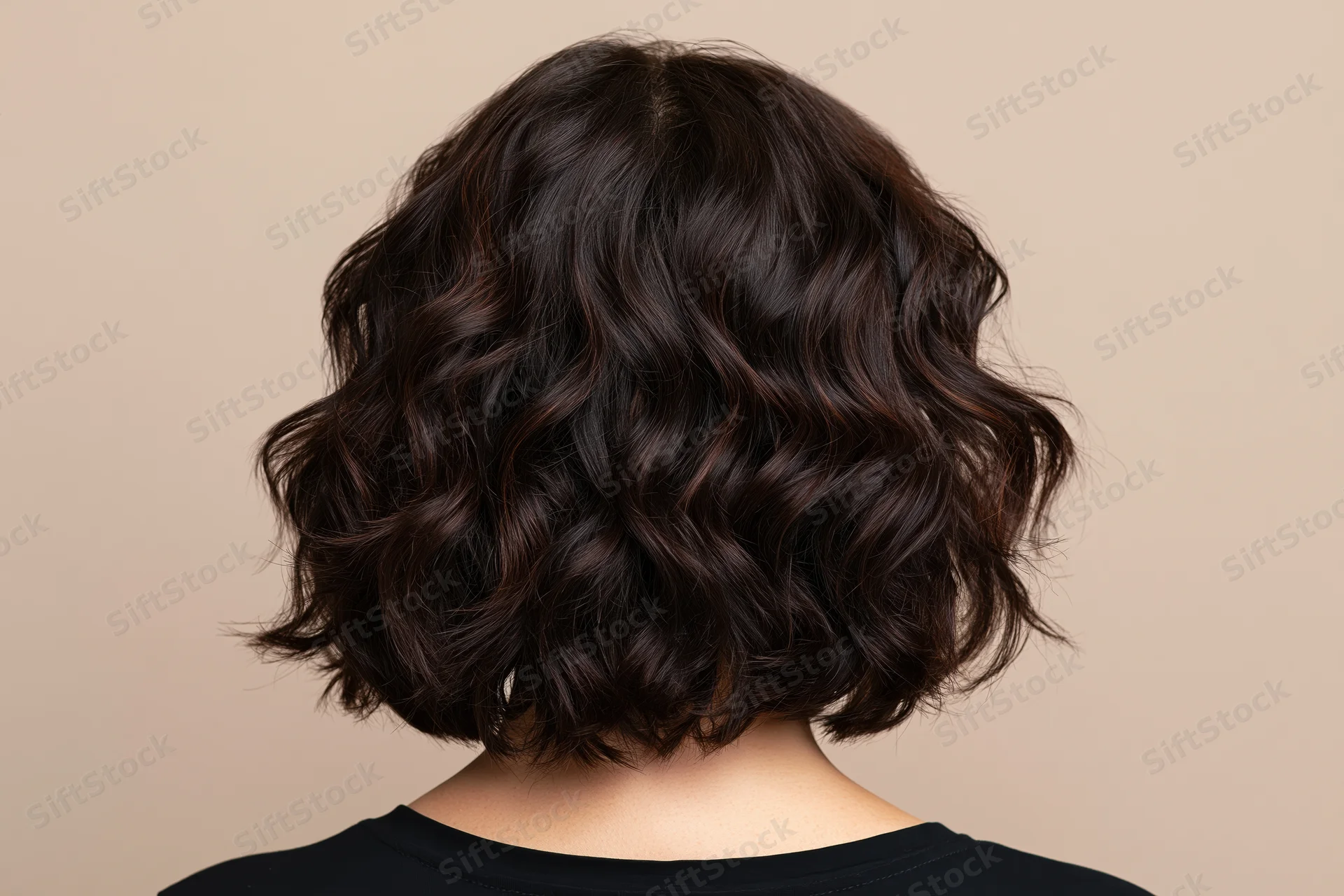 Back of a woman's head with short curly dark brown bob hairstyle in studio setting