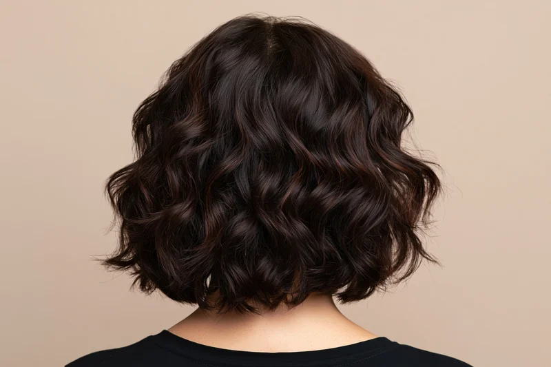 Back of a woman's head with short curly dark brown bob hairstyle in studio setting