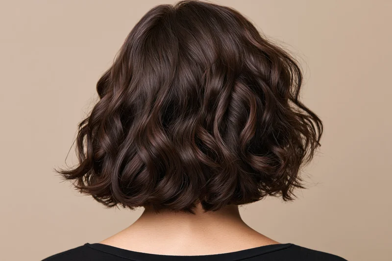 Back of a woman’s head showing a short curly dark brown bob hairstyle in a studio setting