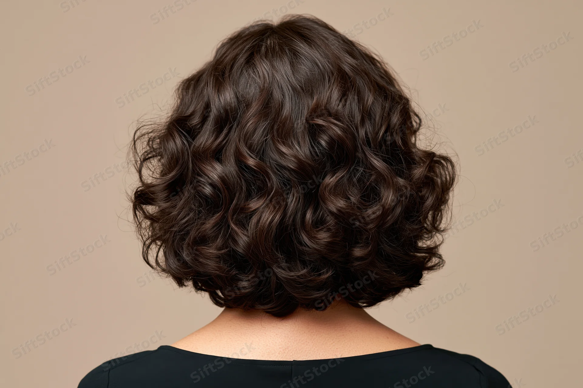 Back of woman with short curly dark brown bob hairstyle in studio setting