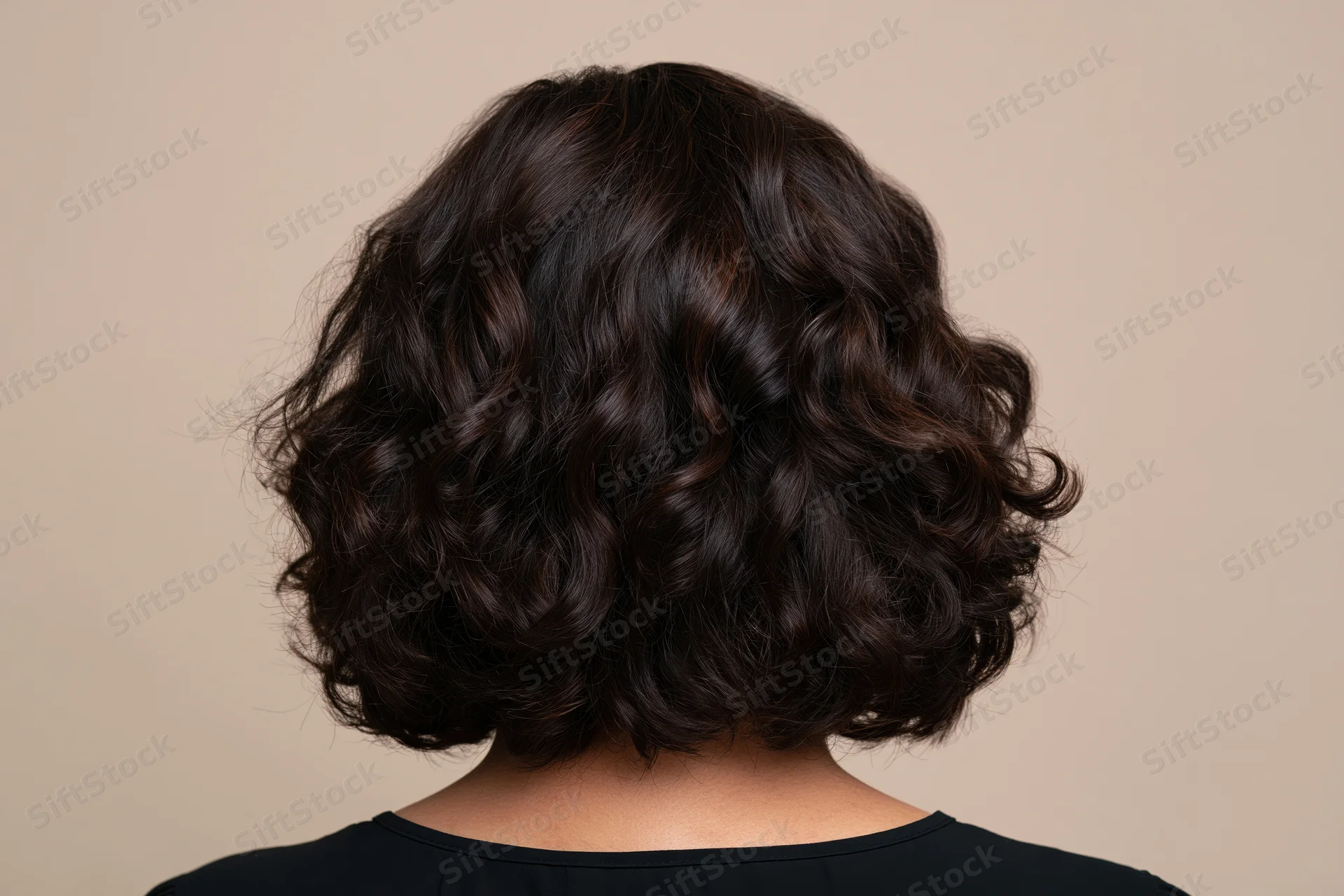Back of a woman with short curly dark brown bob hairstyle in studio setting