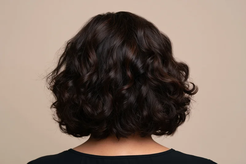 Back of a woman with short curly dark brown bob hairstyle in studio setting
