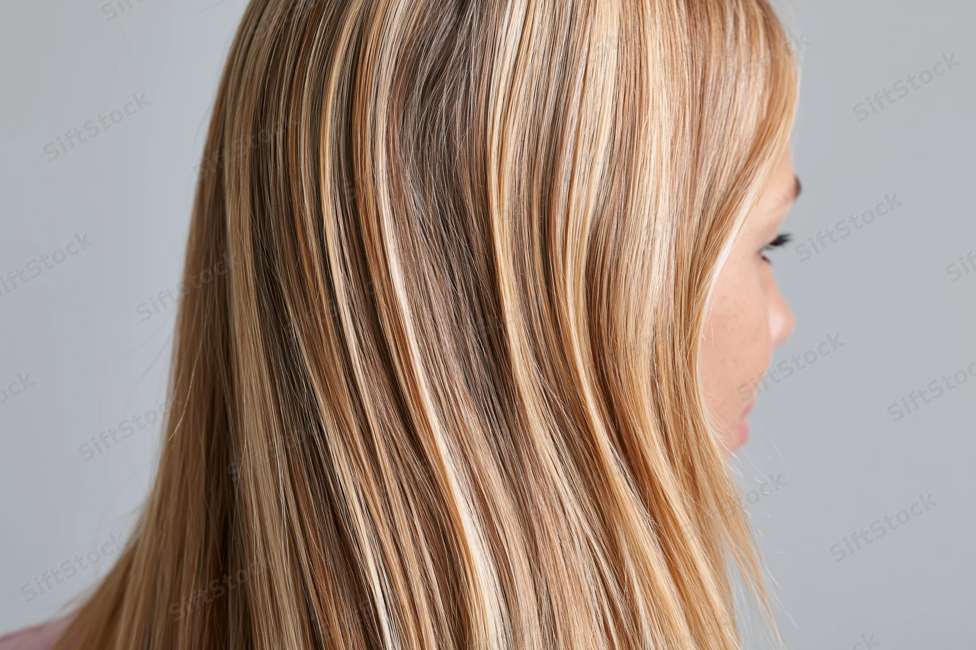Woman with long straight blonde hair in side profile against gray background