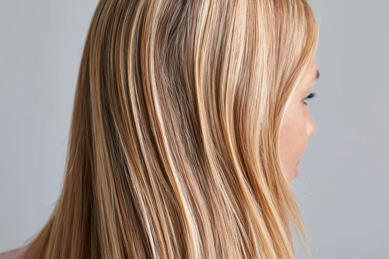 Woman with long straight blonde hair in side profile against gray background