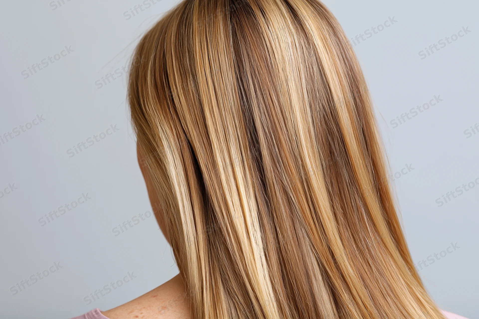 Back of a woman’s head showing long straight blonde hair against a plain background
