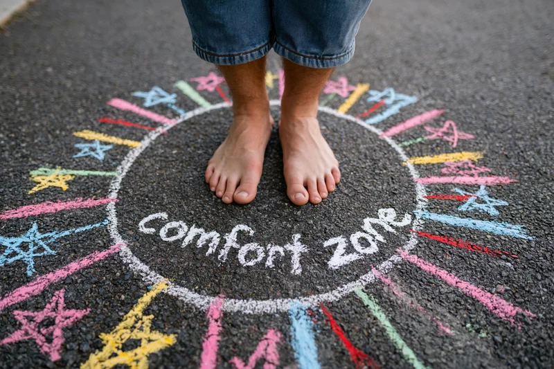 Bare feet standing inside a chalk-drawn circle labeled comfort zone on pavement with colorful stars radiating outward