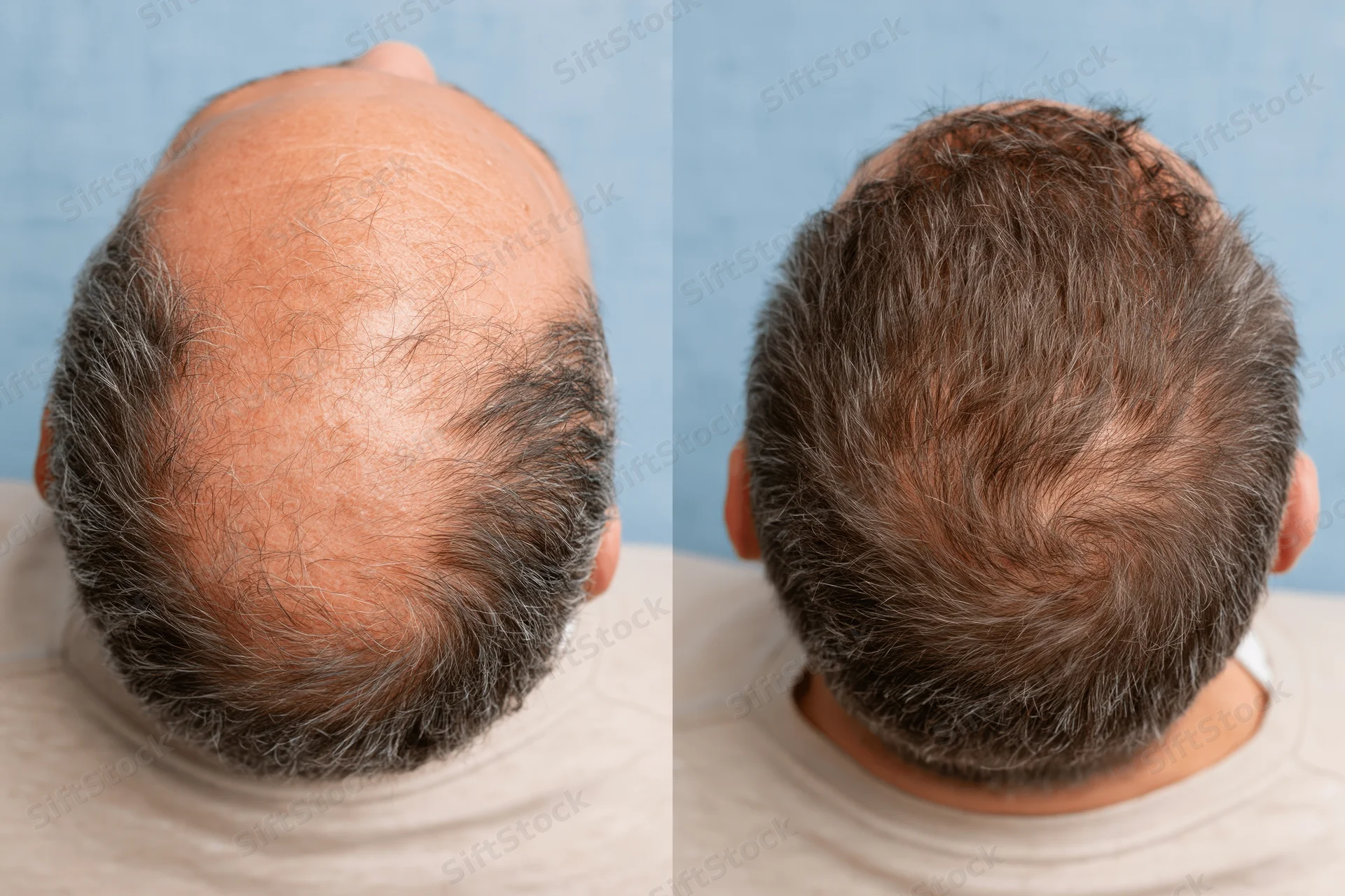 Back of a man's head showing hair loss before and after treatment, scalp comparison
