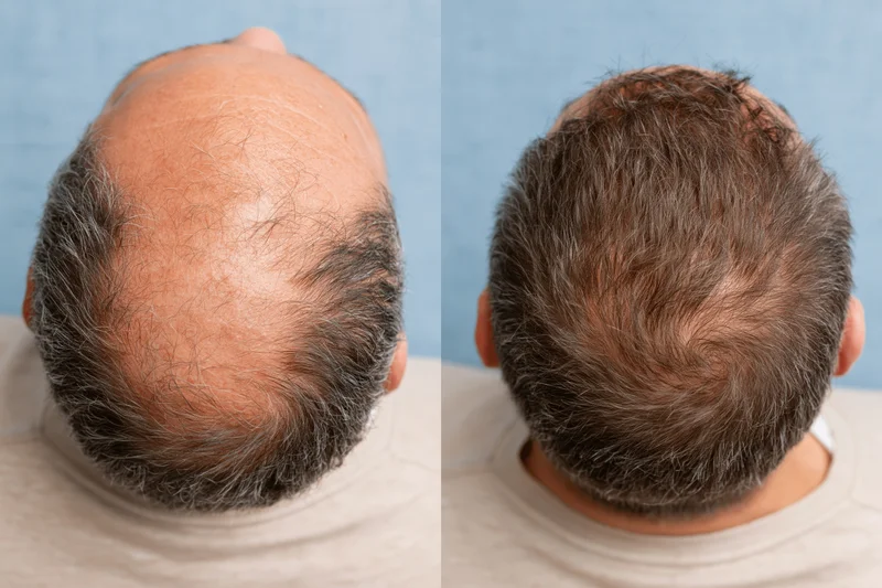 Back of a man's head showing hair loss before and after treatment, scalp comparison