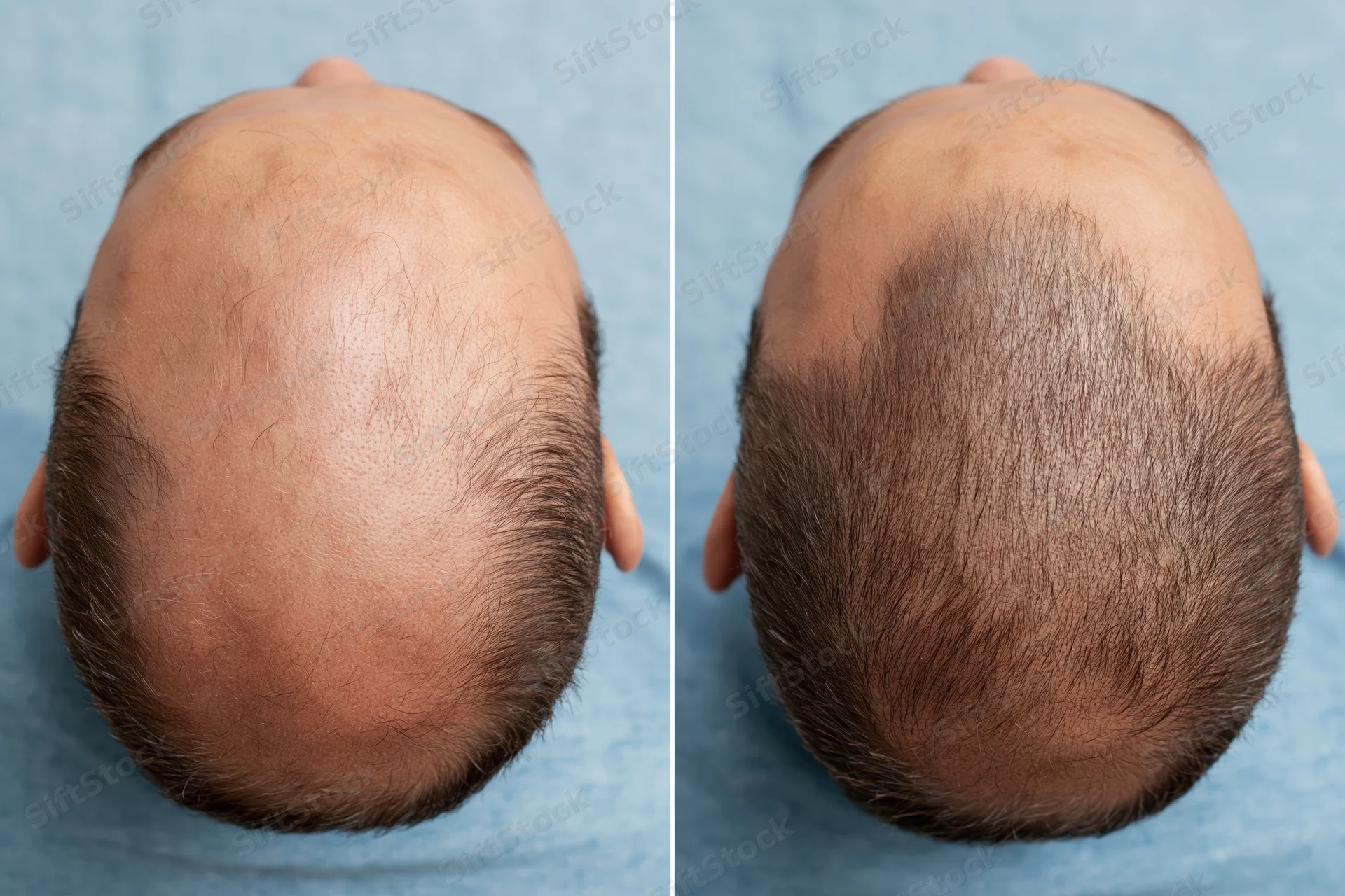 Top view of a man's scalp showing hair loss before and hair regrowth after treatment
