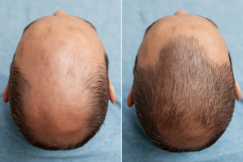 Top view of a man's scalp showing hair loss before and hair regrowth after treatment