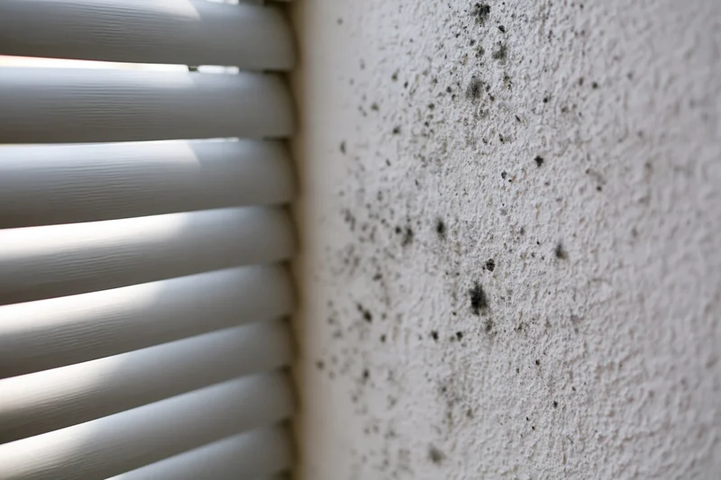 Mold colonies spreading across a white interior wall near window blinds