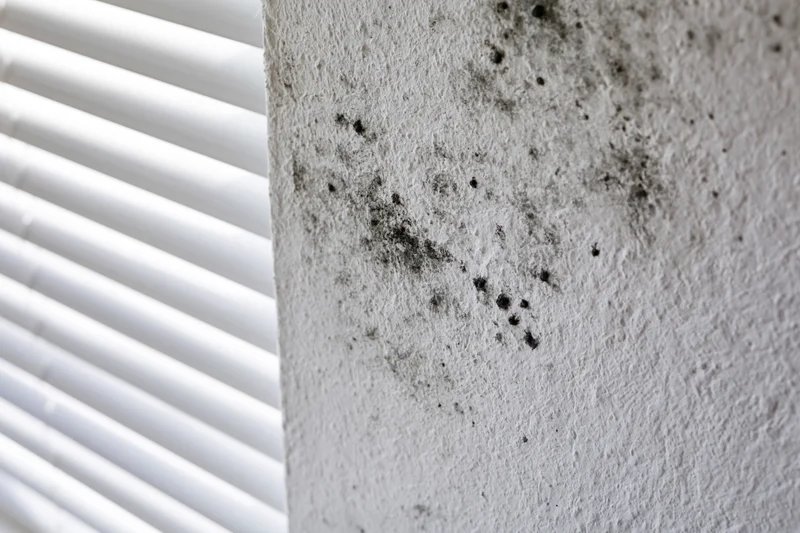 Mold colonies spreading across a white interior wall near window blinds