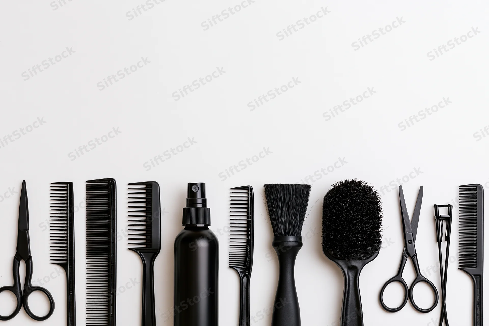 Black hairdressing tools arranged in a flat lay row along the bottom of a white surface
