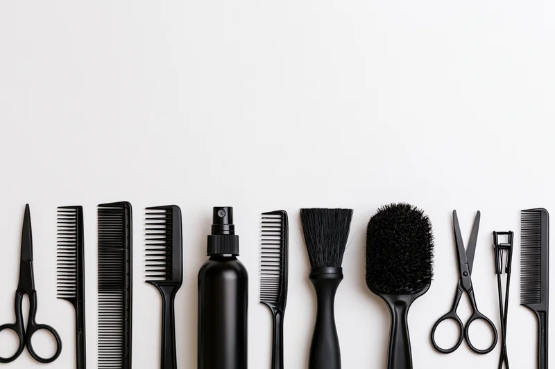 Black hairdressing tools arranged in a flat lay row along the bottom of a white surface