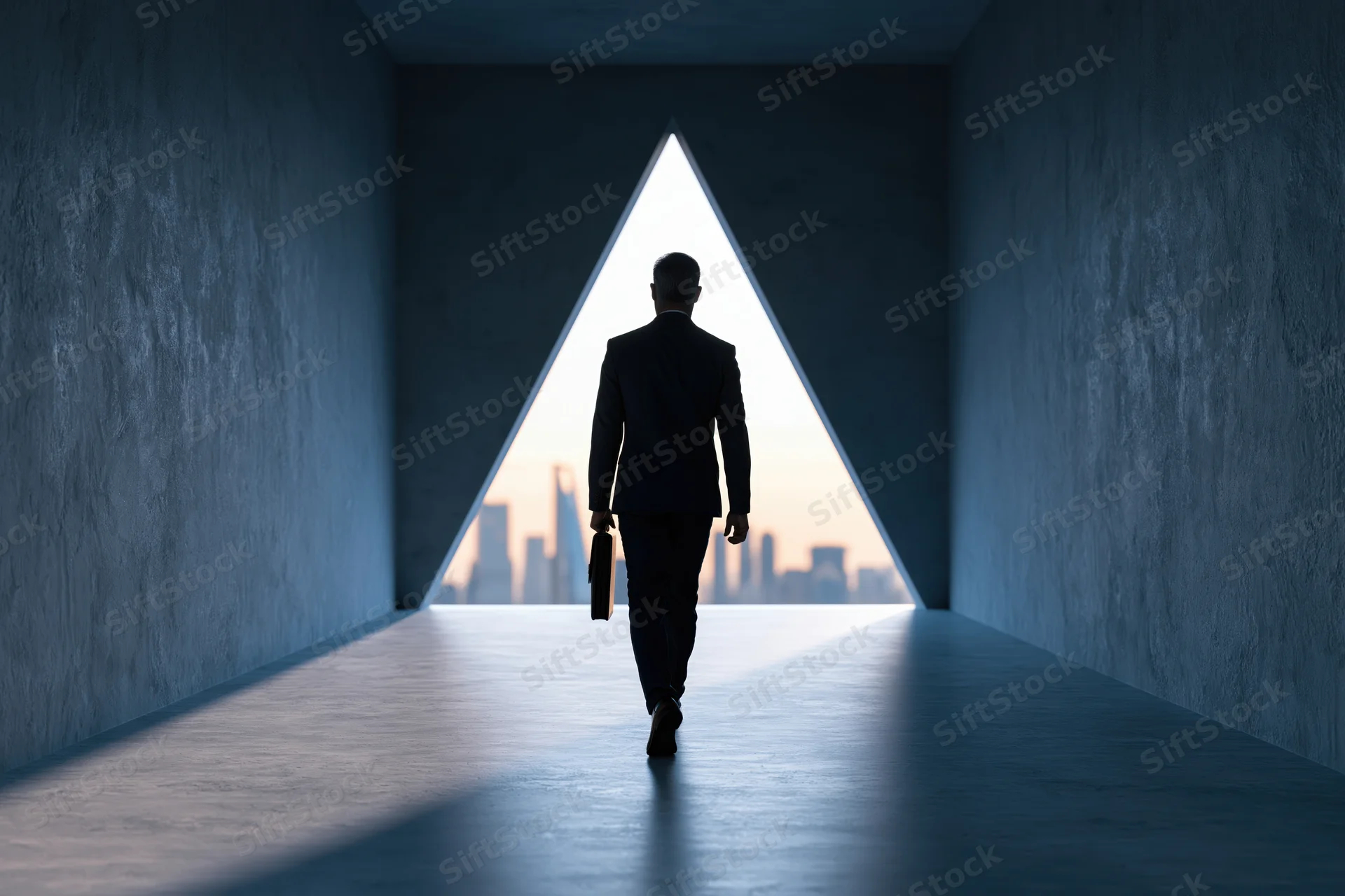 Businessman in suit walking toward triangular opening revealing city skyline in concrete corridor