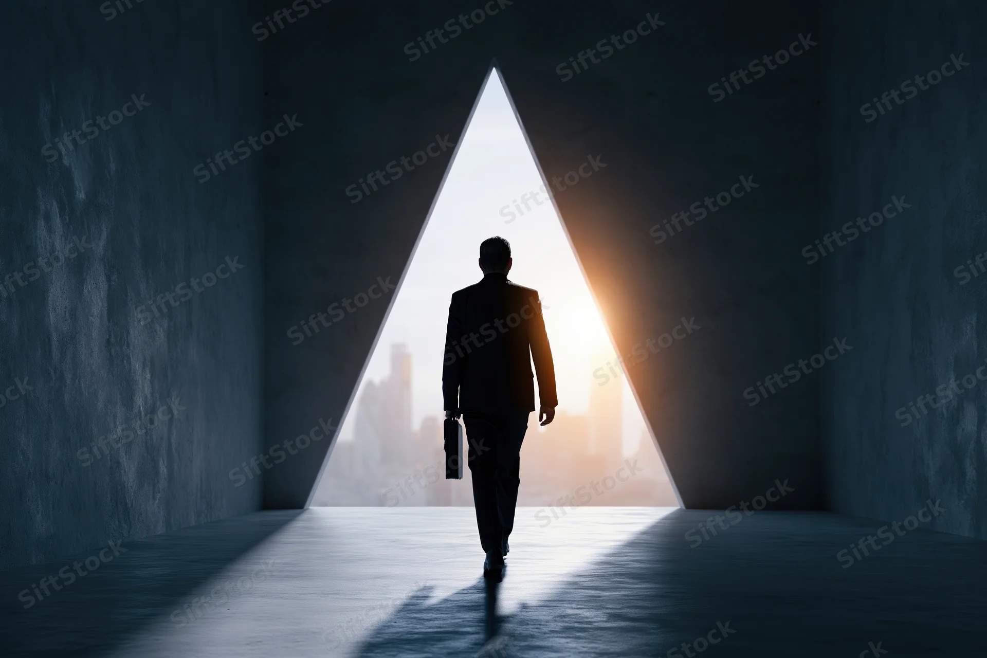 Businessman in suit walking toward triangular doorway with cityscape and sunset beyond