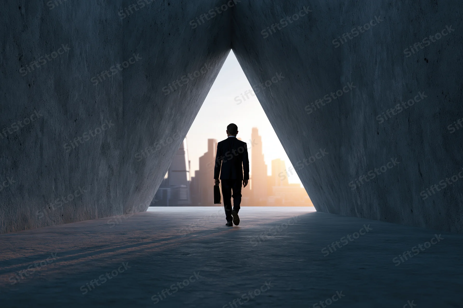 Businessman in dark suit carrying briefcase walking through concrete tunnel toward city skyline at sunset
