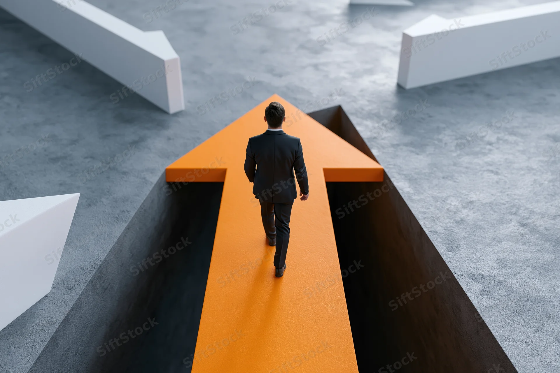 Businessman in dark suit walking forward on raised orange arrow path