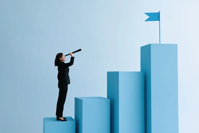 Businesswoman in black suit standing on blue bar chart step looking through telescope toward flag at top