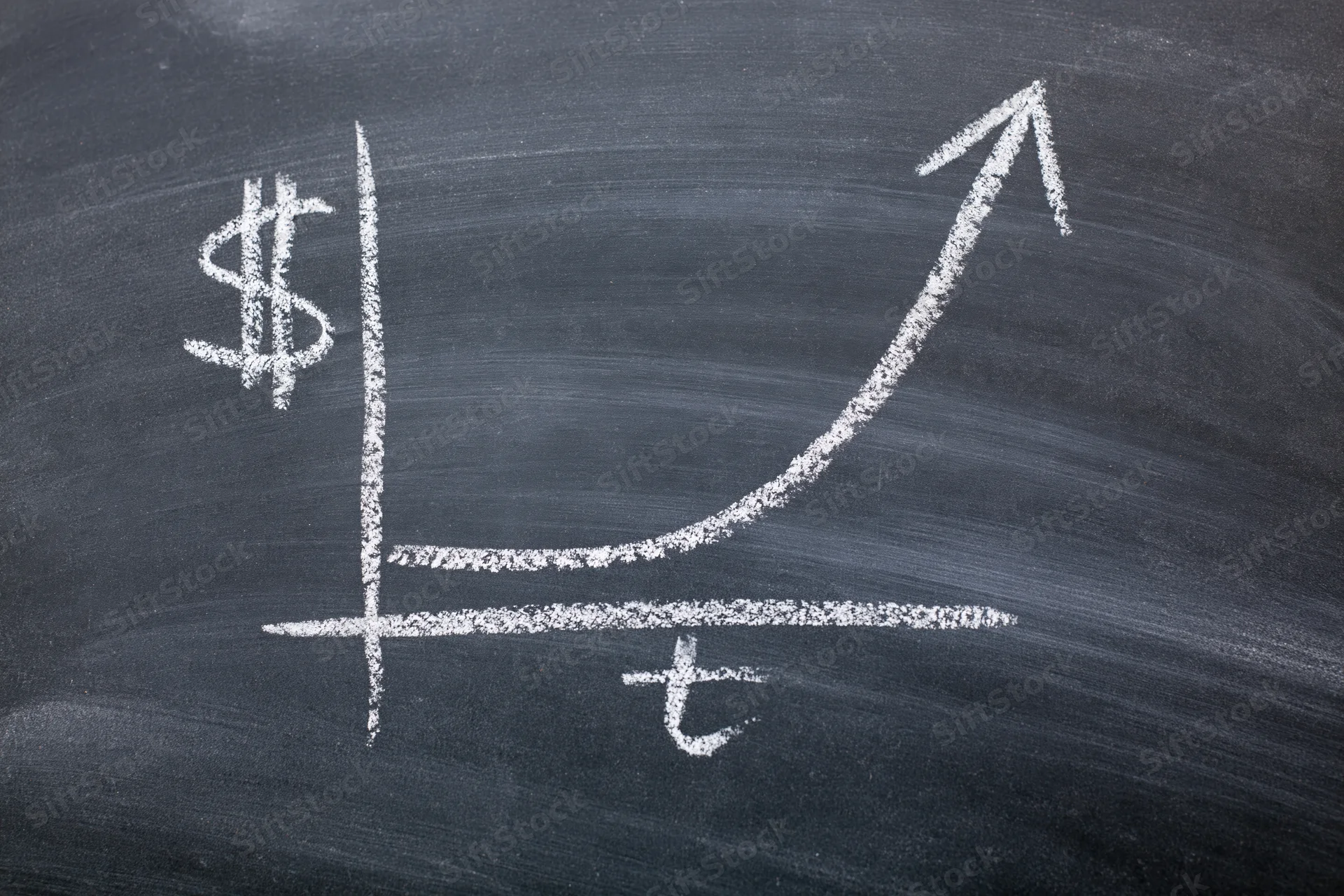 Chalk-drawn exponential growth graph on blackboard showing dollar and time axes