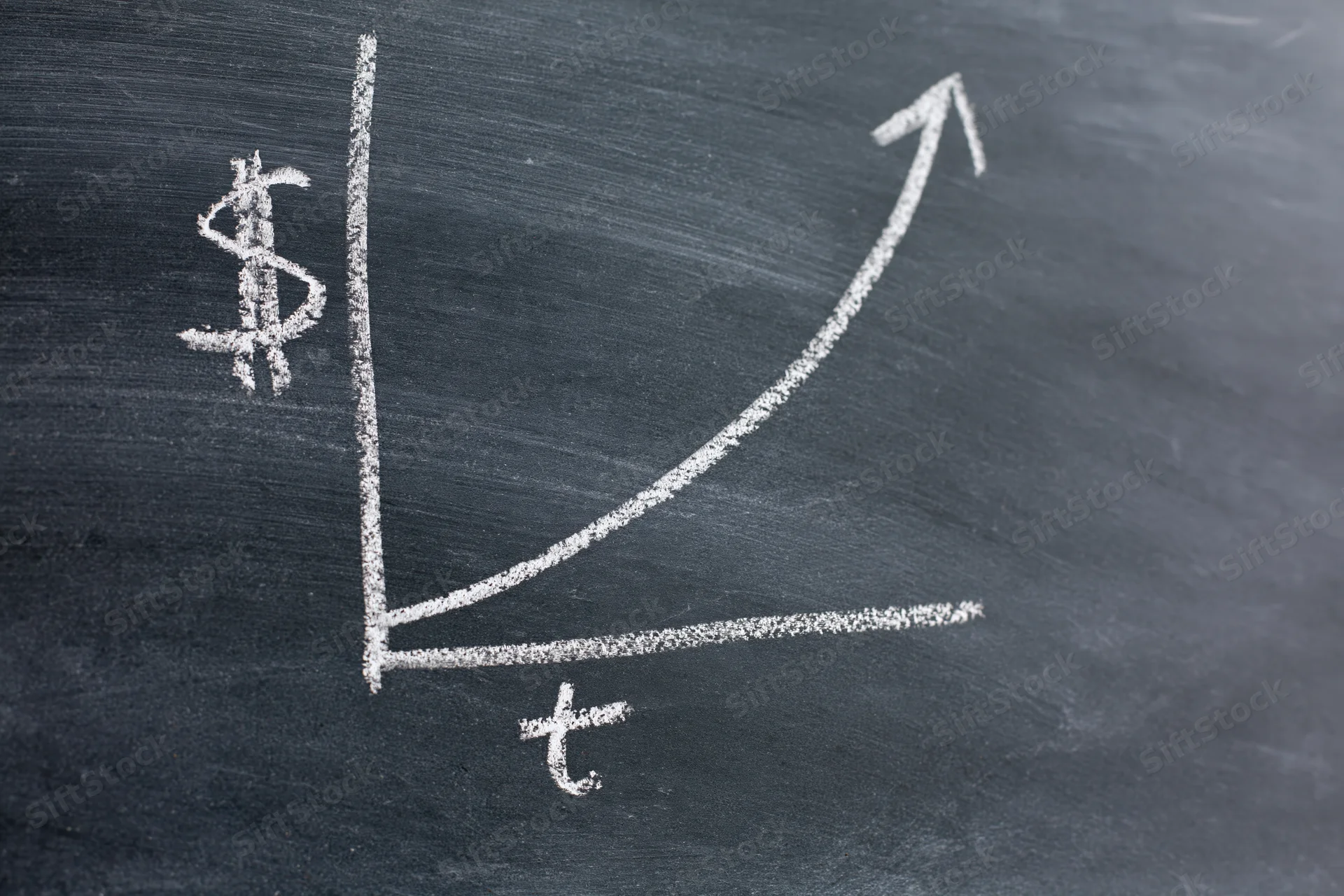 Chalk-drawn exponential growth graph on a blackboard with dollar symbol and time axis
