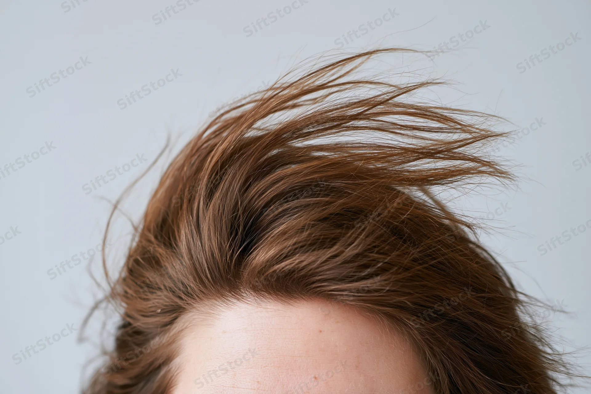 Close-up of frizzy medium-brown hair on a person's scalp