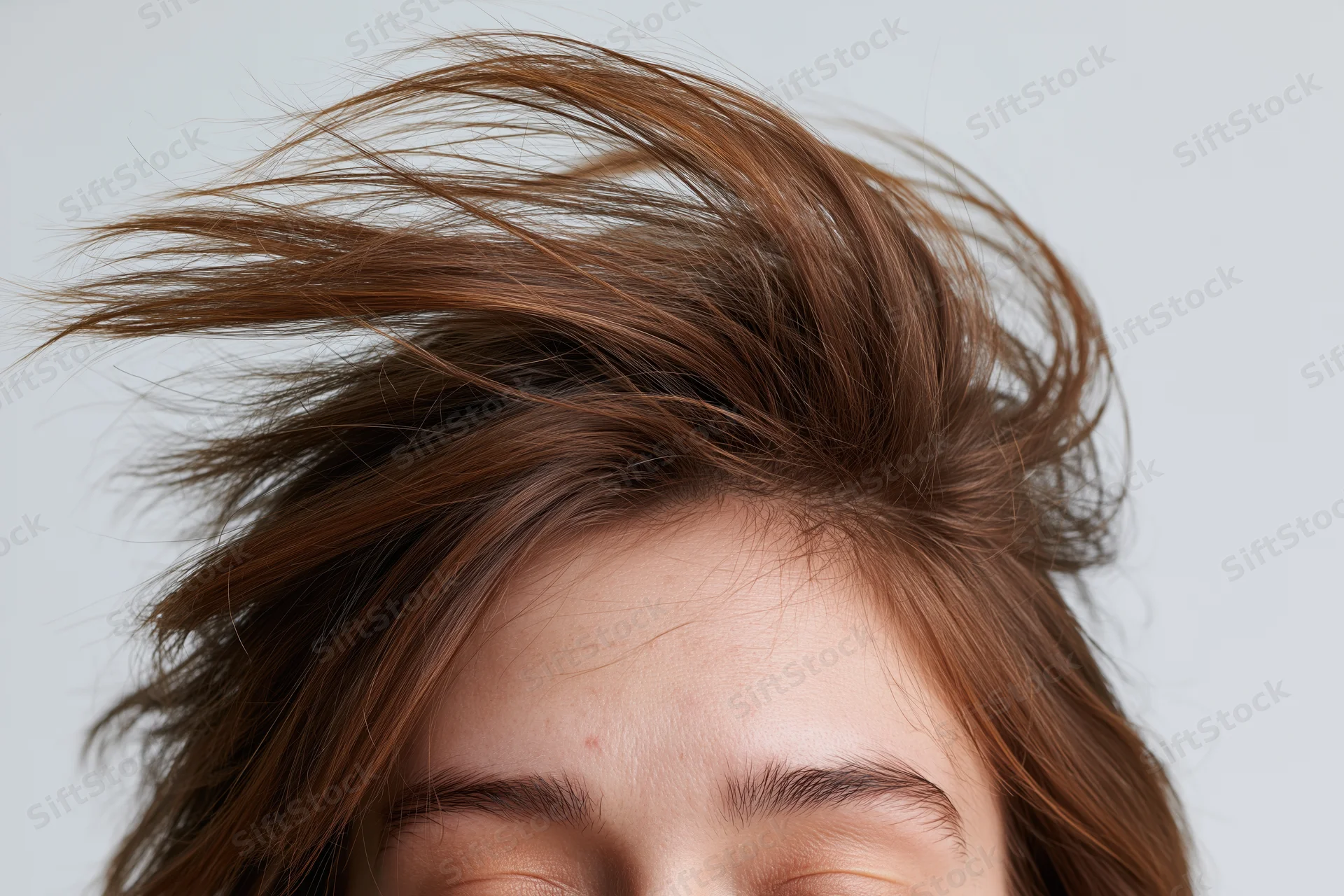 Close-up of a woman's head with medium-brown hair blowing upward, eyes closed, against a plain white background
