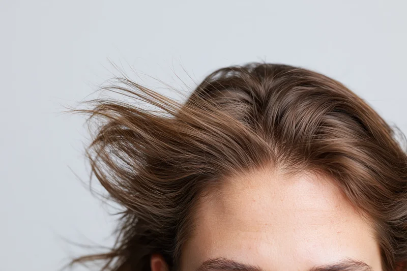 Close-up of a woman's head showing brown hair with flyaways and parting against a light background