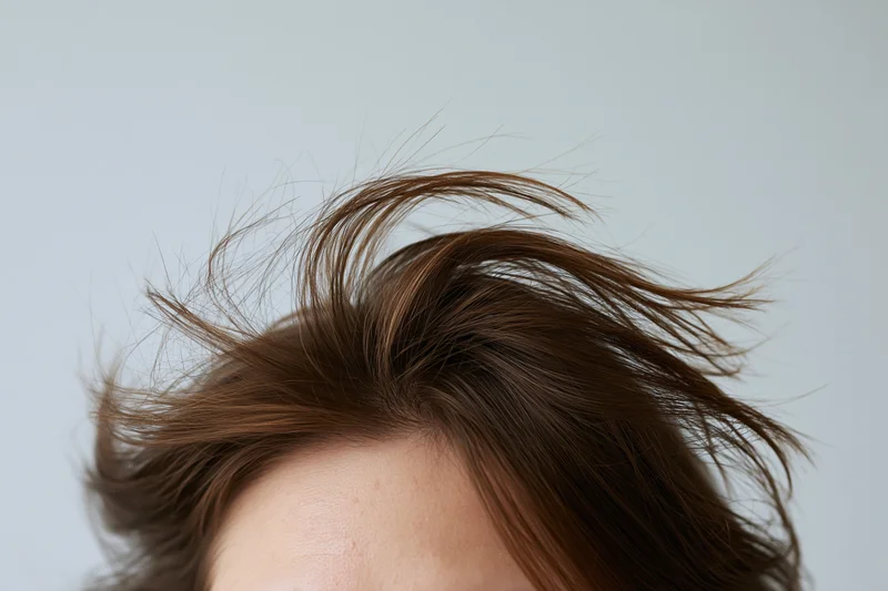 Close-up of brown hair on a person's scalp with flyaways and texture against a plain background
