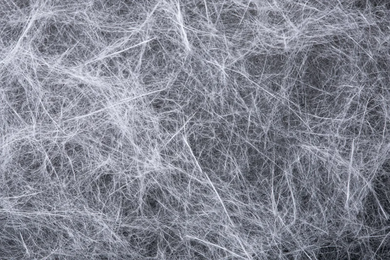 Tangled white fibers and fine lint strands in a flat lay closeup