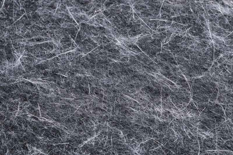 Close-up of tangled white fibers and fine lint on a gray textured surface