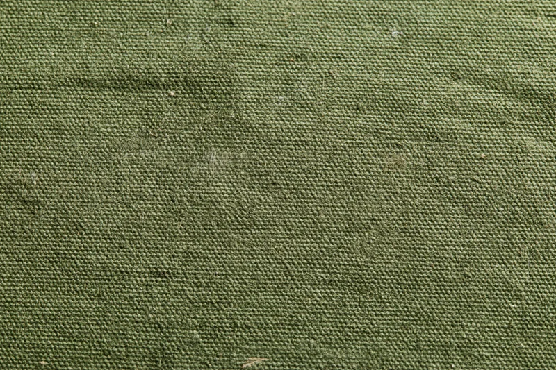 Close-up of aged olive green canvas fabric surface with visible weave and texture