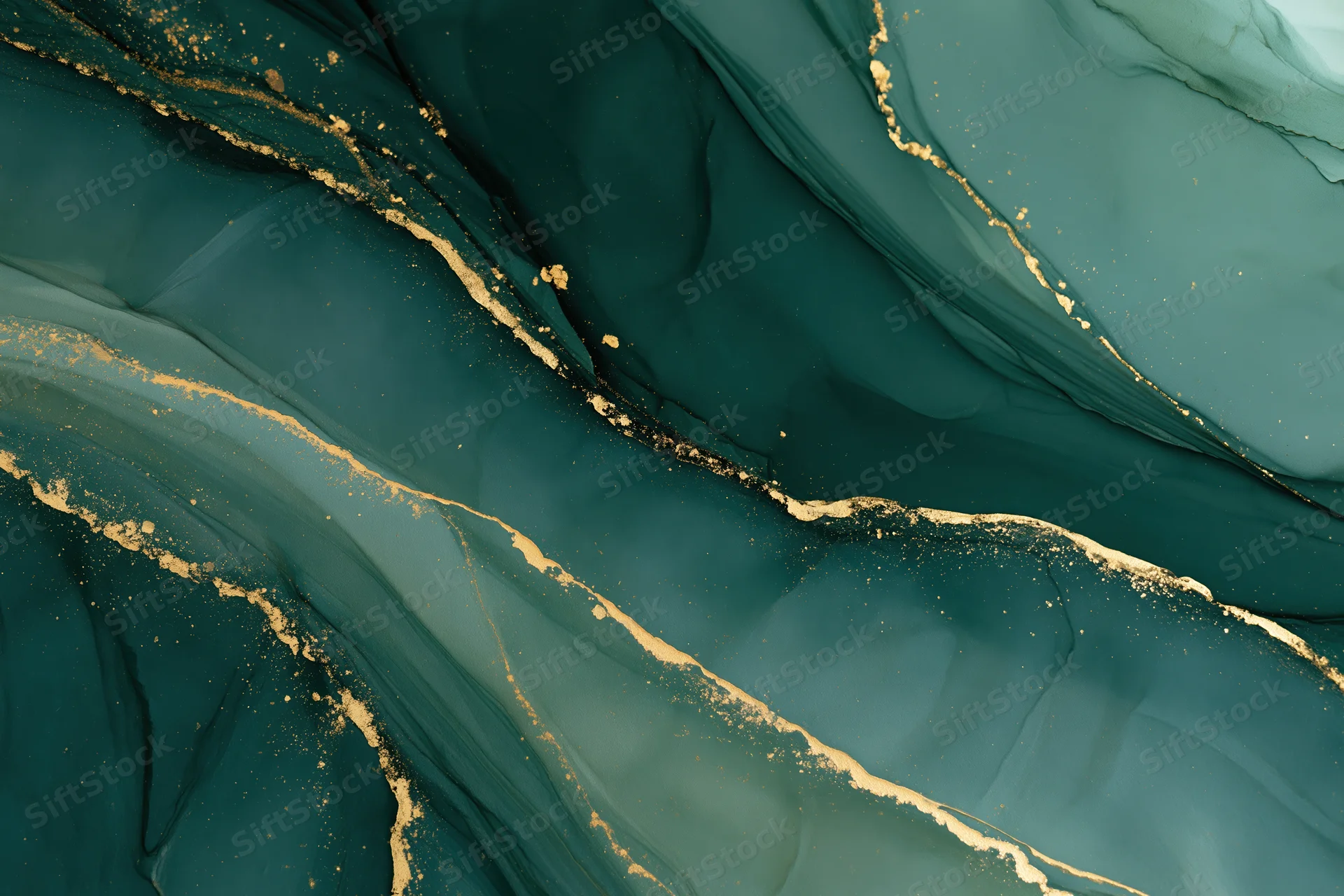Abstract fluid art with teal and gold ink swirls on paper surface