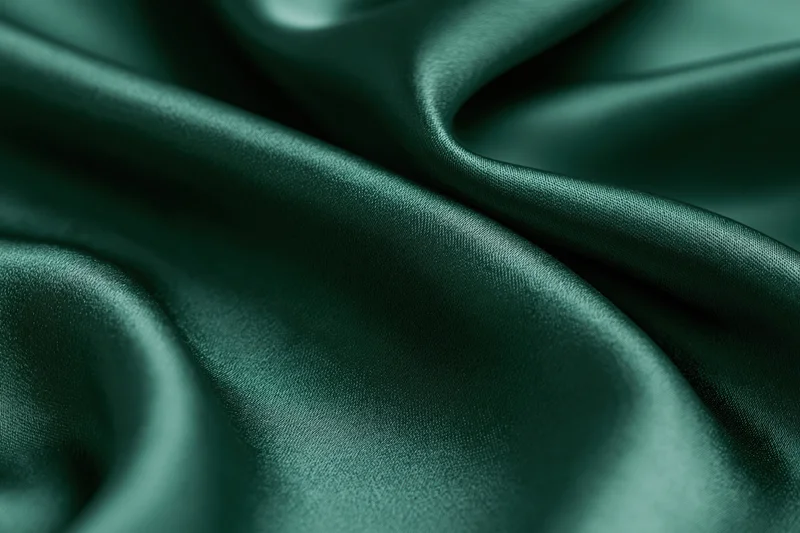 Close-up of dark emerald green satin fabric draped with soft folds and glossy texture
