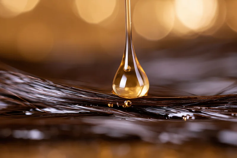 Golden oil drop falling onto dark hair strands