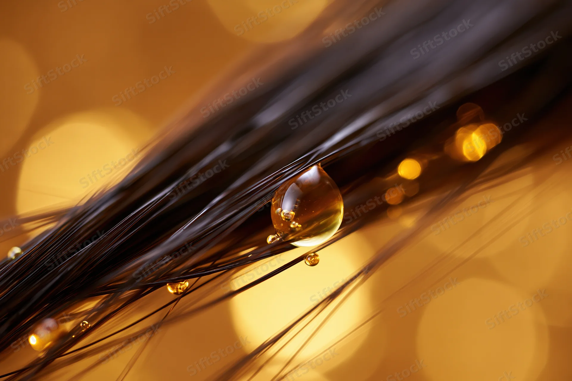 Close-up of dark hair strands with oil drops on warm golden background