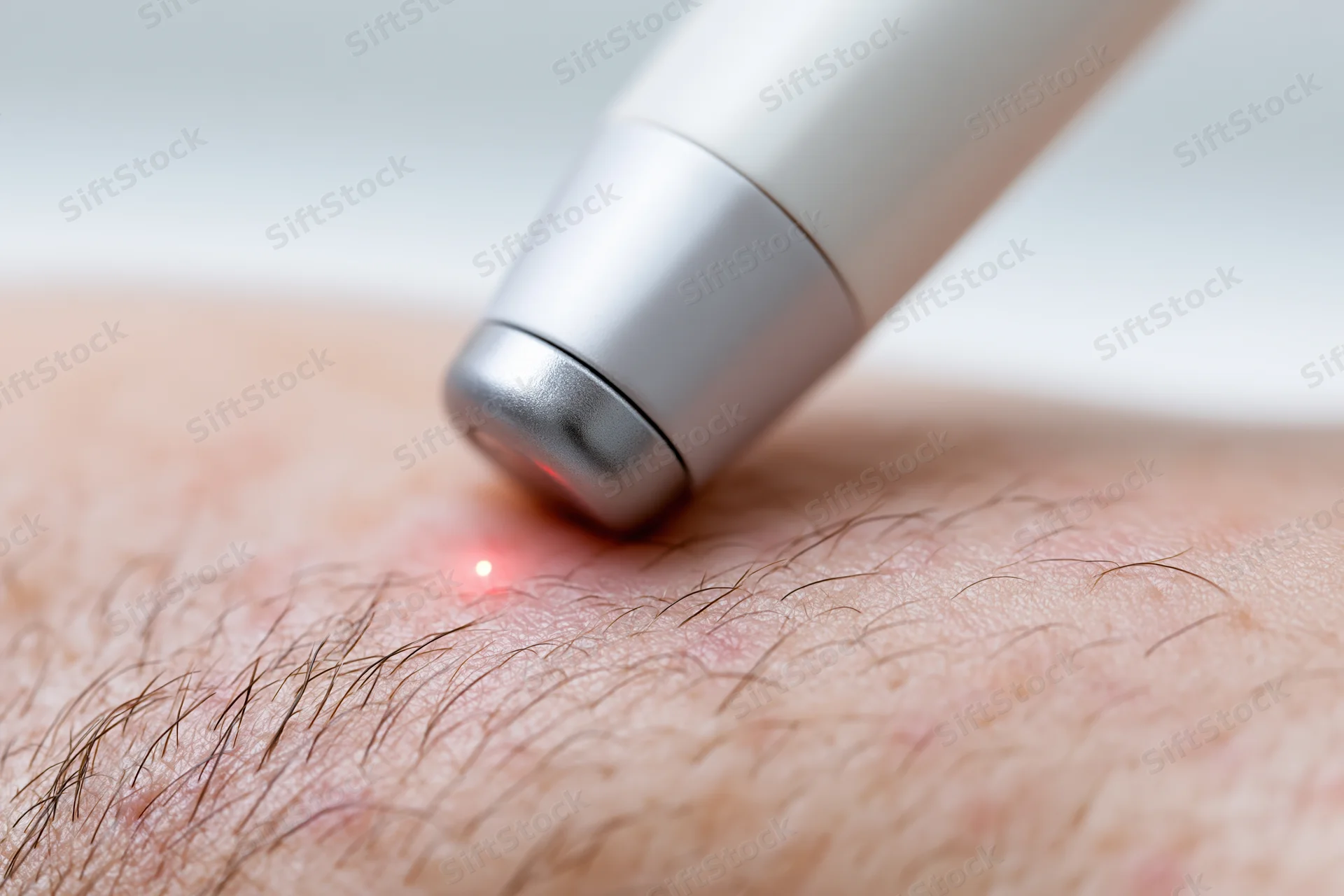 Laser hair removal device emitting red light on skin surface