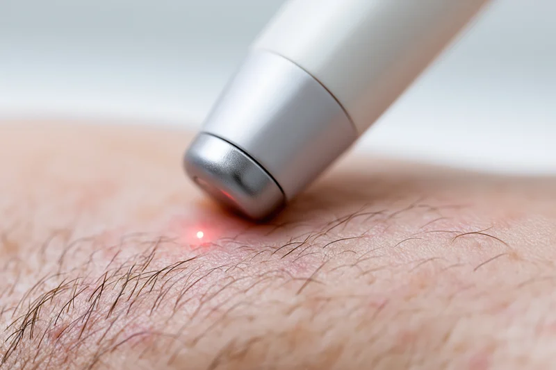 Laser hair removal device emitting red light on skin surface