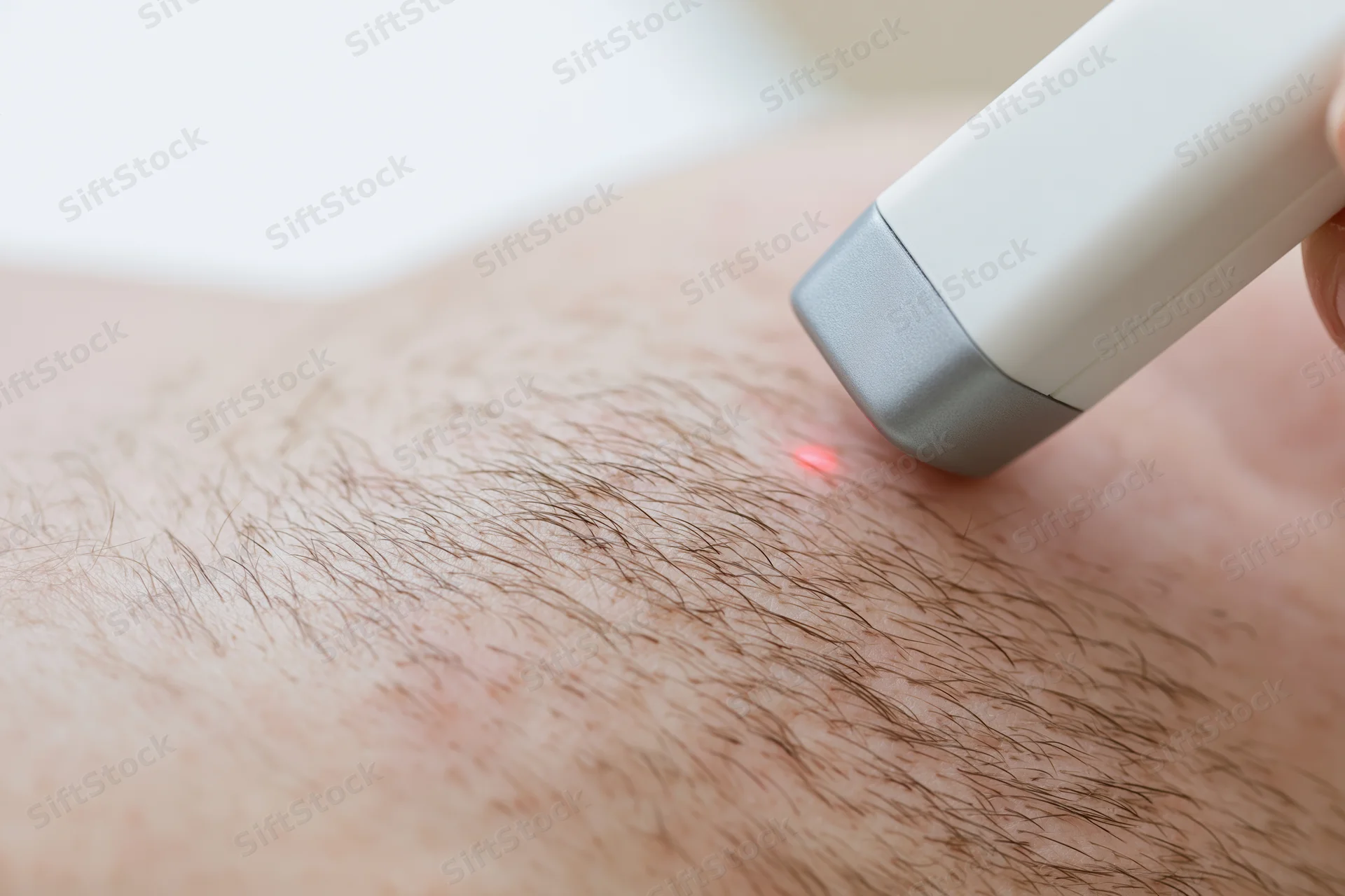 Laser hair removal device targeting chest hair on a man's skin