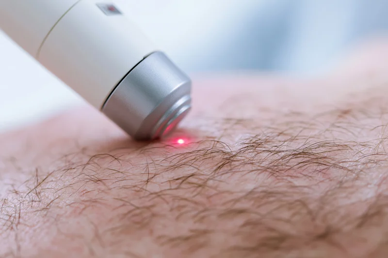 Laser hair removal device emitting red light on skin surface