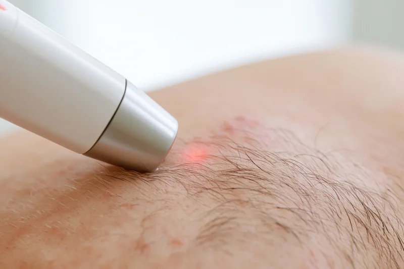 Laser hair removal device emitting red light on skin surface