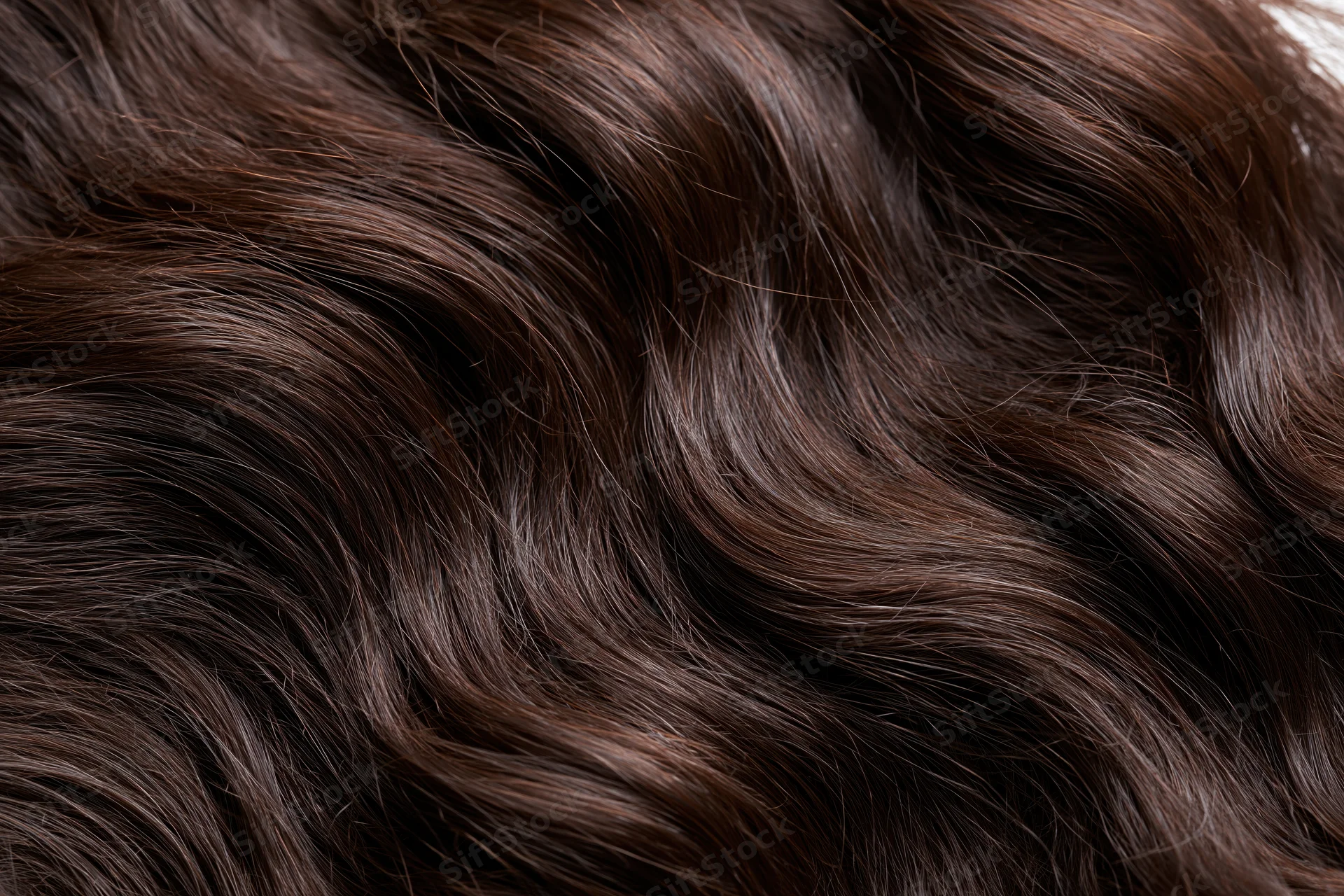 Close-up of dark brown wavy human hair filling the frame
