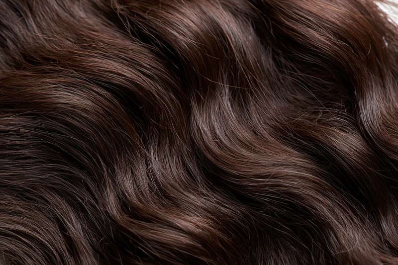 Close-up of dark brown wavy human hair filling the frame