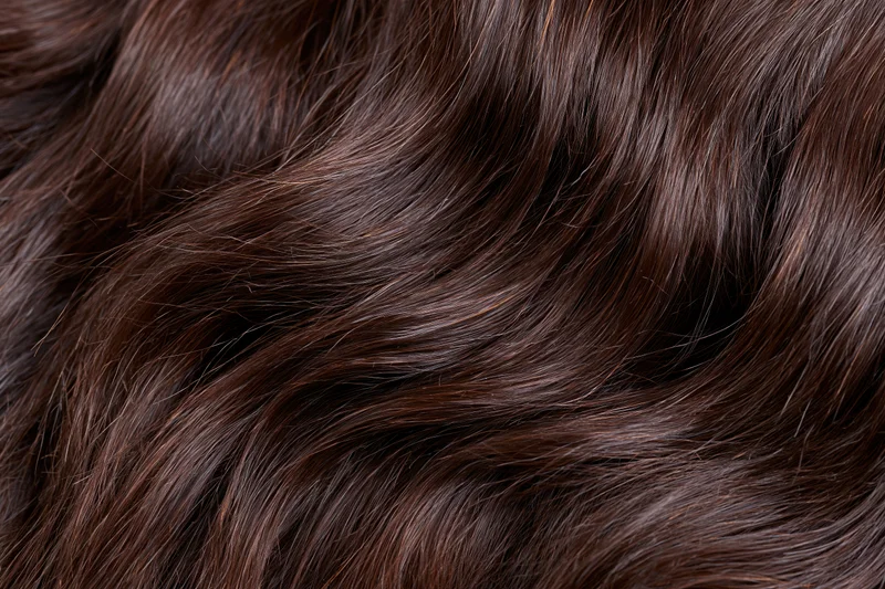 Close-up of dark brown wavy human hair filling the frame
