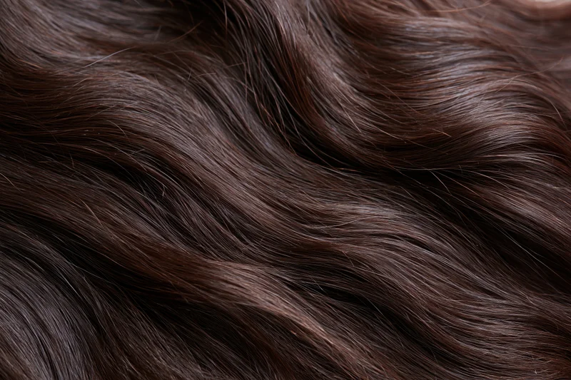Close-up of dark brown wavy human hair filling the frame