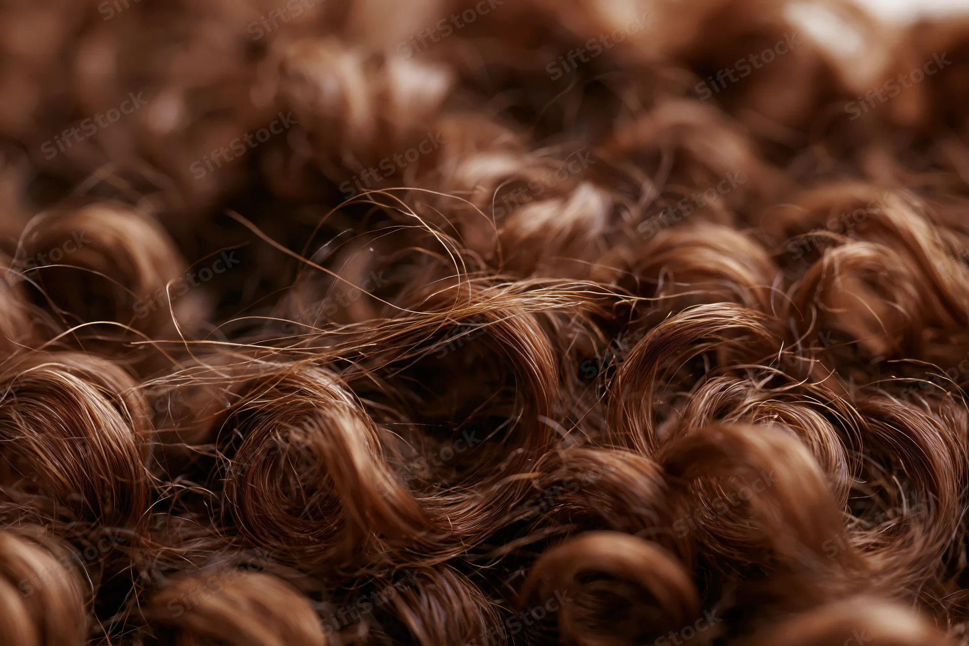Close-up of dense curly brown hair filling the frame with natural texture and volume