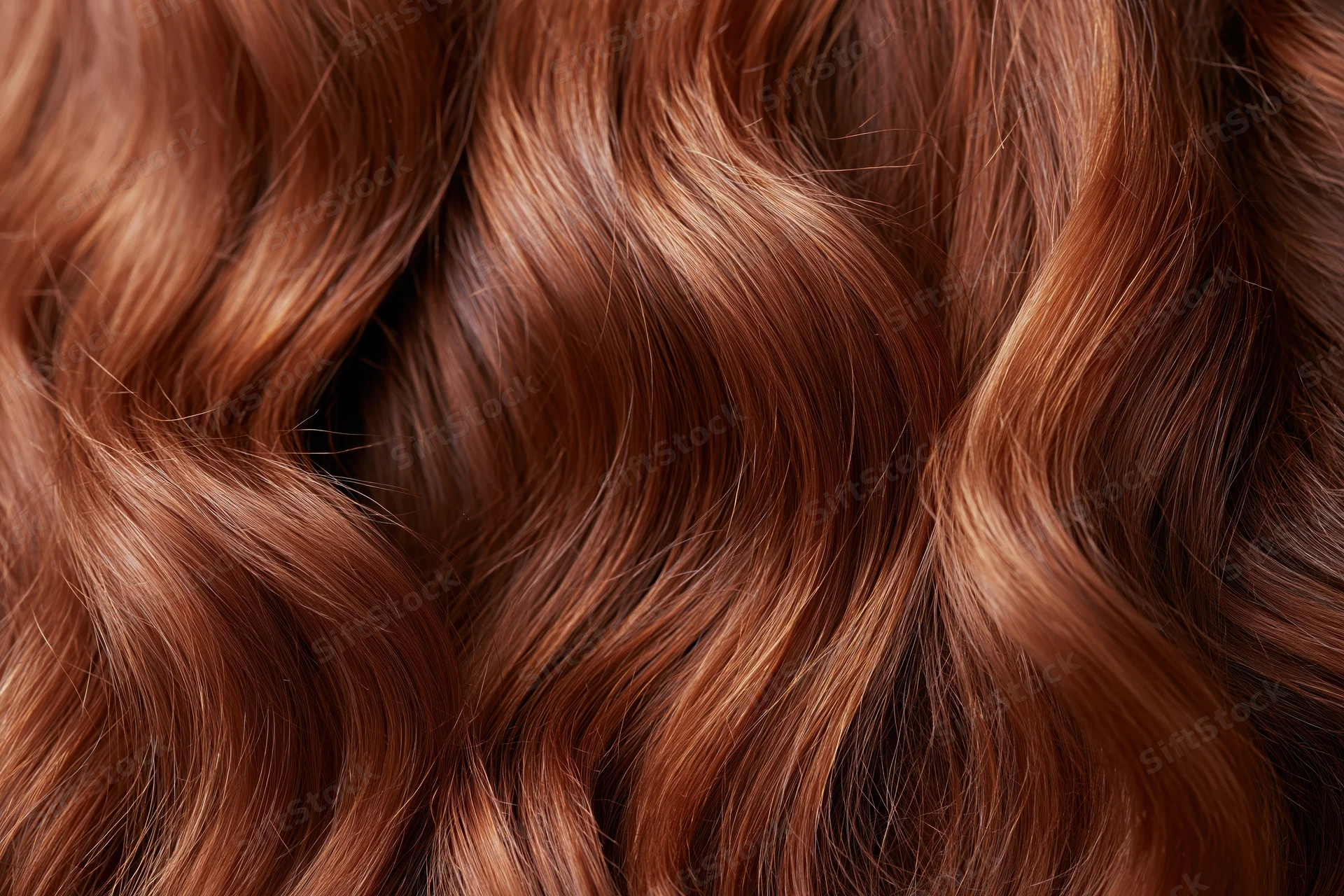 Close-up of flowing auburn wavy hair filling the frame