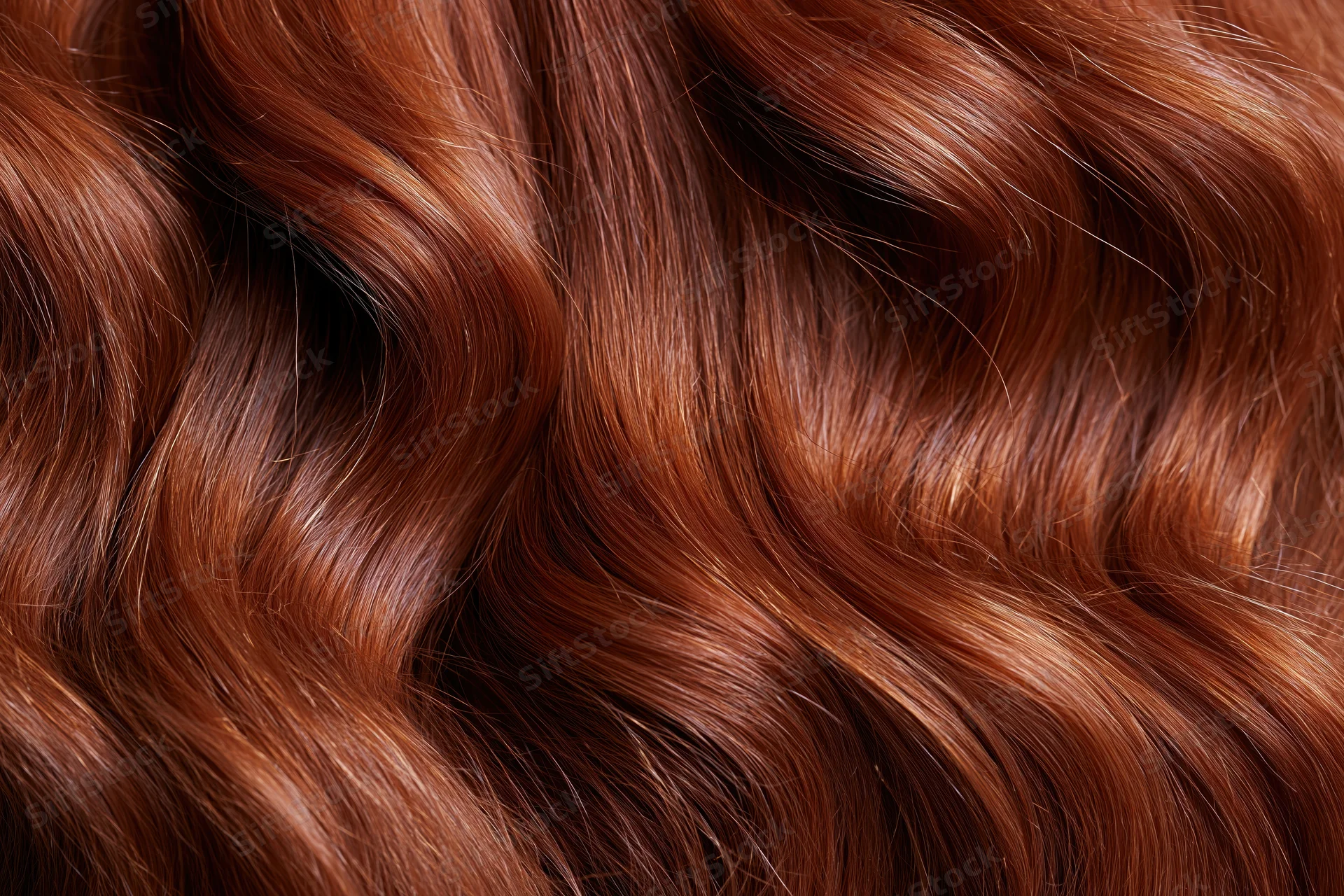Close-up of flowing auburn wavy hair filling the frame