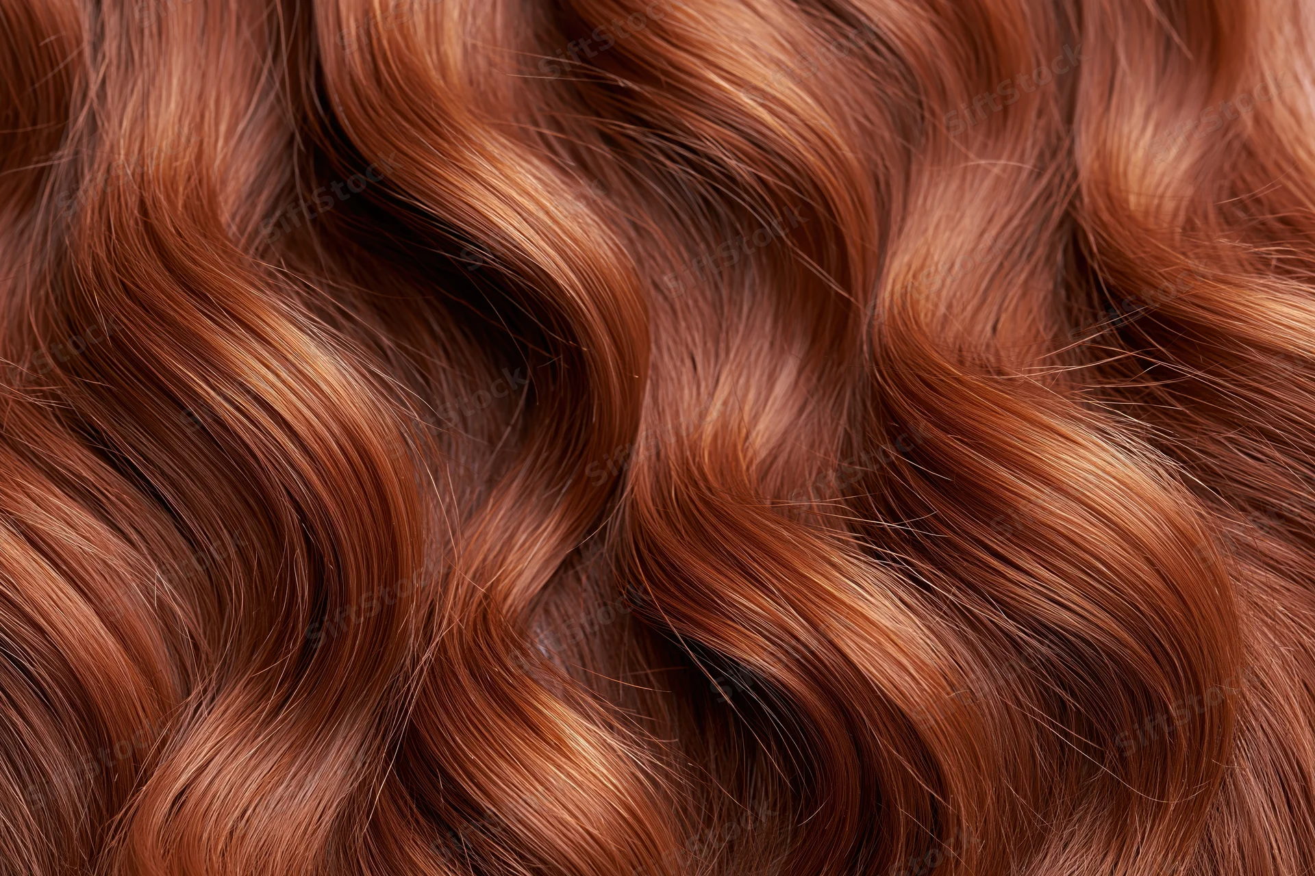 Close-up of flowing auburn wavy hair filling the frame
