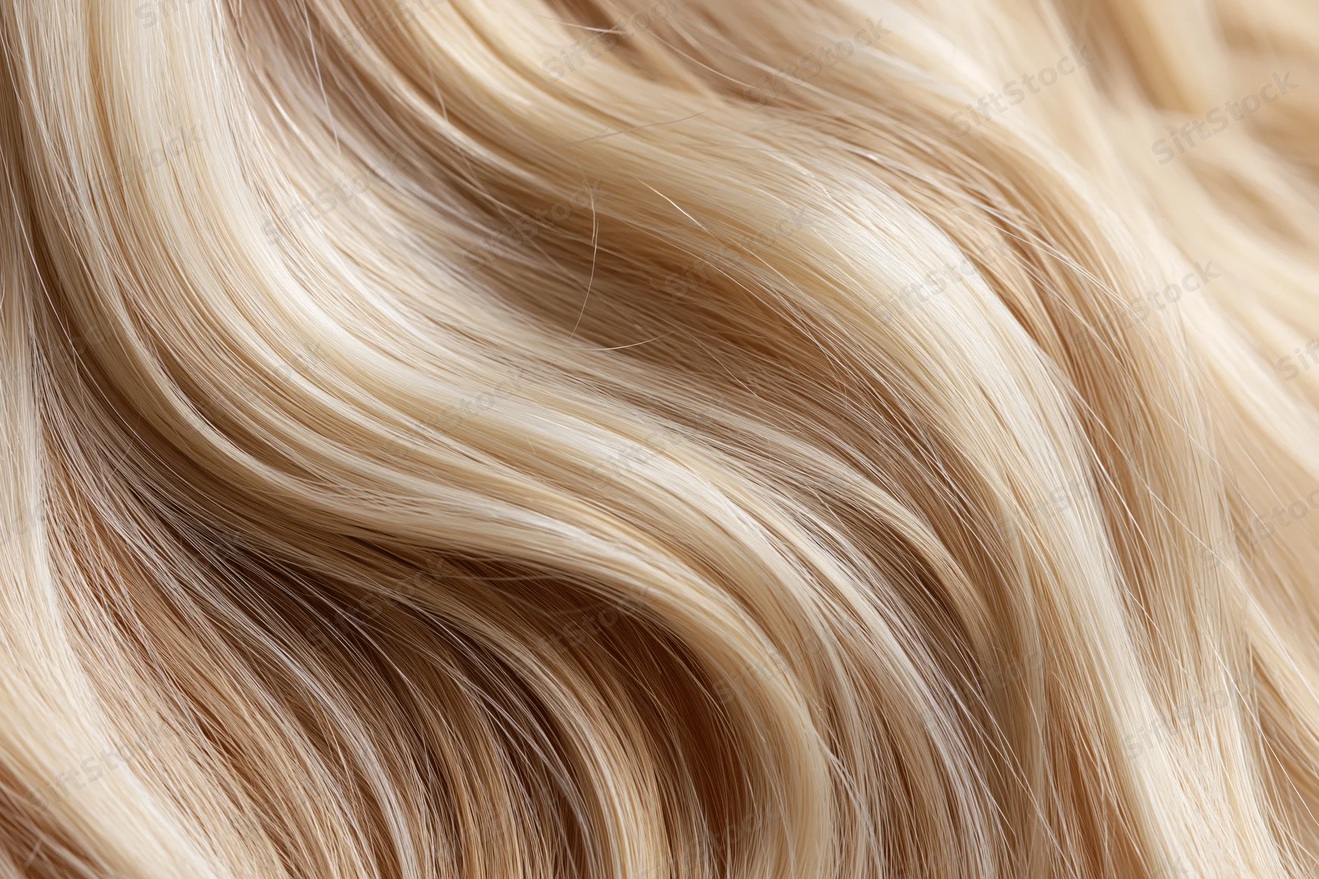 Close-up of flowing blonde hair strands with smooth wavy texture